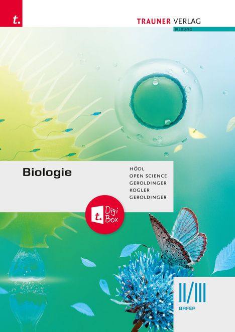 Oben "TRAUNER VERLAG", darunter "Biologie". Unten ein blauer Schmetterling auf einer Blüte, daneben "t. Digi Box".
