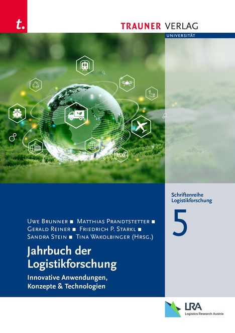 Jahrbuch der Logistikforschung, innovative Anwendungen; Glasglobus mit Logistik-Icons auf grünem Hintergrund; LRA-Logo.