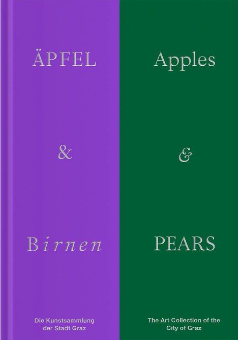 Links: "ÄPFEL & Birnen". Rechts: "Apples & PEARS". Lila und grüner Hintergrund. Kunstsammlung Graz.