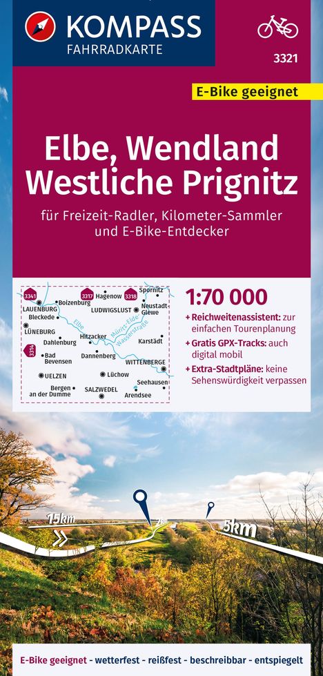 KOMPASS Fahrradkarte 3321 Elbe, Wendland, Westliche Prignitz 1:70.000, Karten