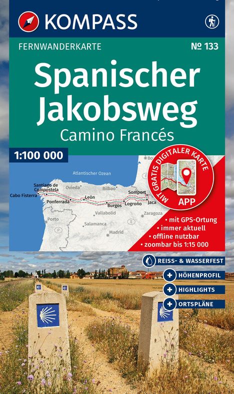 KOMPASS Wanderkarte 133 Spanischer Jakobsweg, Camino Francés 1:100.000, Karten