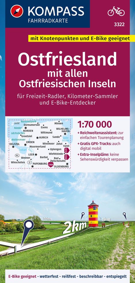 KOMPASS Fahrradkarte 3322 Ostfriesland mit allen Ostfriesischen Inseln mit Knotenpunkten 1:70.000, Karten