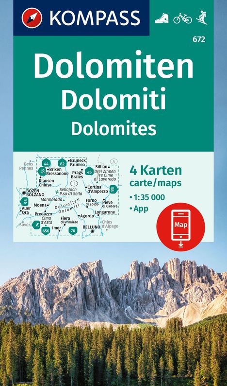 KOMPASS Wanderkarten-Set 672 Dolomiten, Dolomiti, Dolomites (4 Karten) 1:35.000, Karten