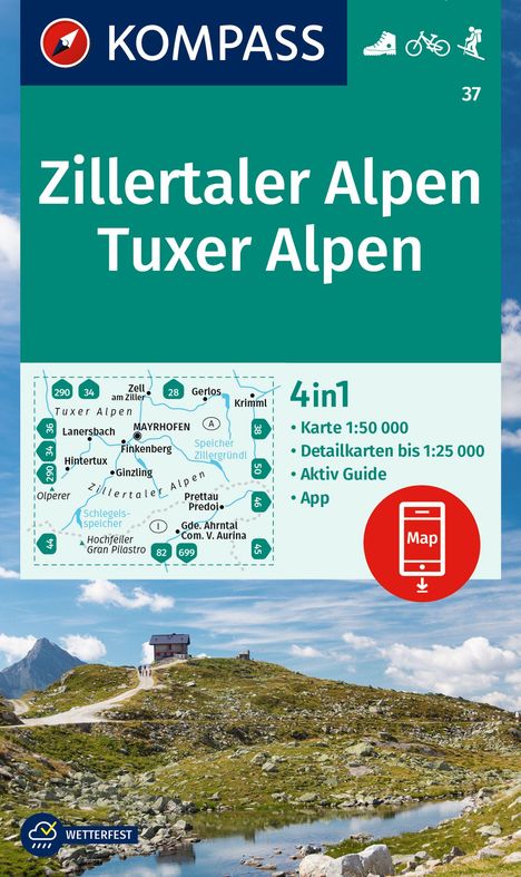 KOMPASS Wanderkarte 37 Zillertaler Alpen, Tuxer Alpen 1:50.000, Karten