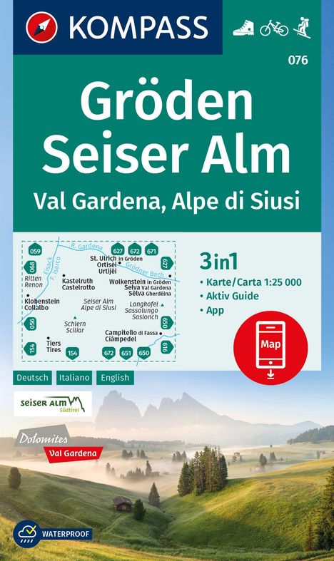 KOMPASS Wanderkarte 076 Gröden, Seiser Alm / Val Gardena, Alpe di Siusi 1:25.000, Karten