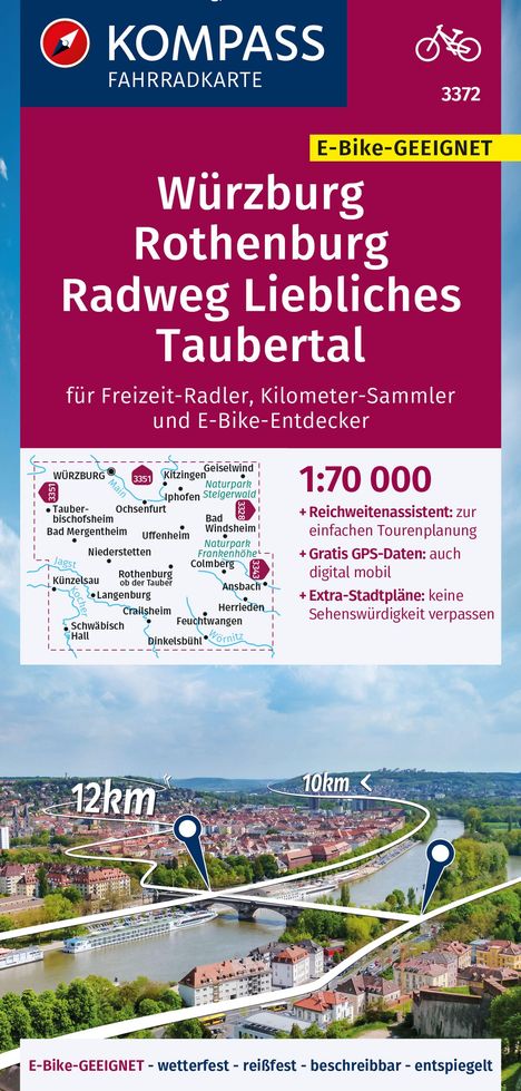 KOMPASS Fahrradkarte 3372 Würzburg, Rothenburg, Radweg Liebliches Taubertal 1:70.000, Karten