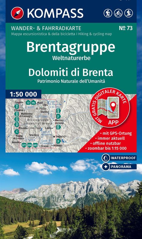 KOMPASS Wanderkarte 73 Brentagruppe, Weltnaturerbe / Dolomiti di Brenta 1:50.000, Karten