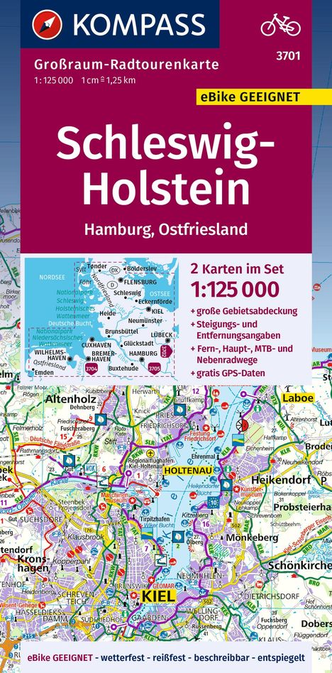 KOMPASS Großraum-Radtourenkarte 3701 Schleswig-Holstein, Hamburg, Ostfriesland 1:125.000, Karten