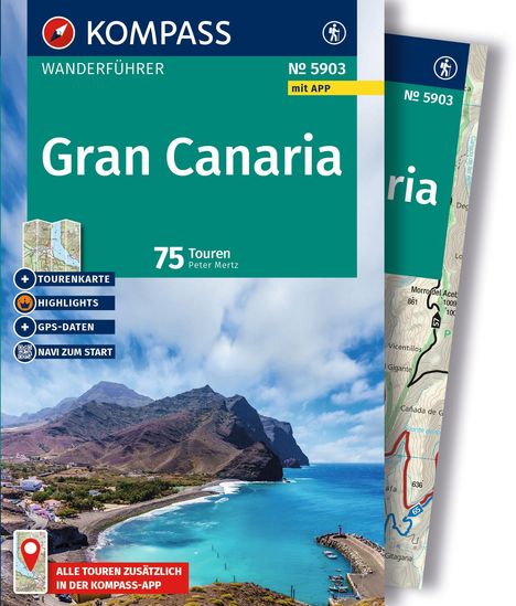 Gran Canaria Wanderführer mit 75 Touren. Enthält Tourenkarte, Highlights, GPS-Daten. Büroklammer A Symbol. Küstenlandschaft.