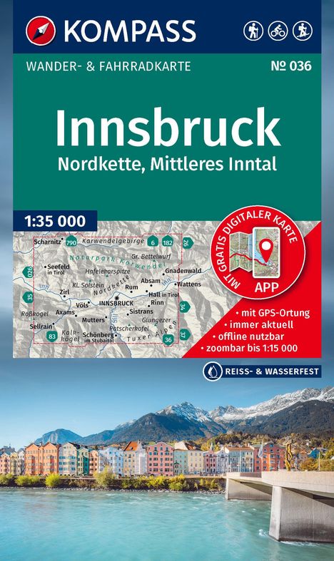 KOMPASS Wanderkarte 036 Innsbruck, Nordkette, Mittleres Inntal 1:35.000, Karten