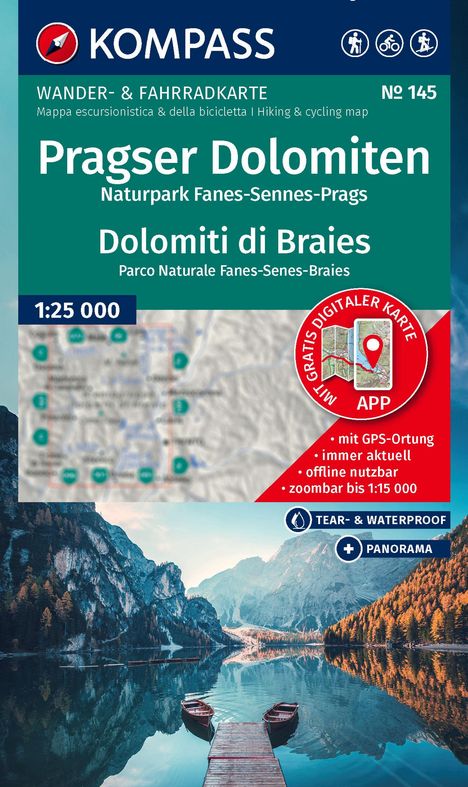 KOMPASS Wanderkarte 145 Pragser Dolomiten, Naturpark Fanes-Sennes-Prags / Dolomiti di Braies, Parco Naturale Fanes-Senes-Braies 1:25.000, Karten