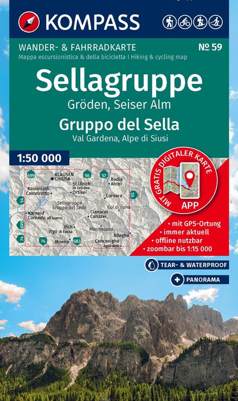 "Sellagruppe, Gröden, Seiser Alm. Karte mit GPS-Funktion, immer aktuell. Wanderkarte. Hintergrund: Berglandschaft."