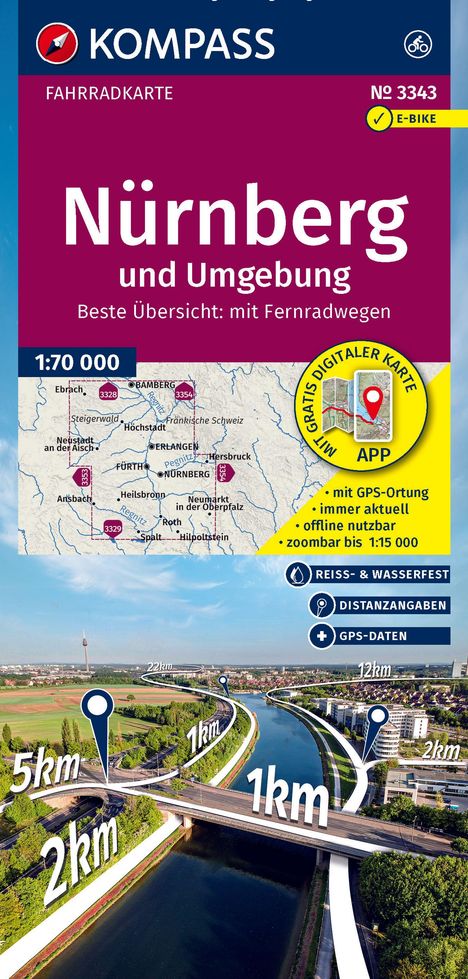 KOMPASS Fahrradkarte 3343 Nürnberg und Umgebung 1:70.000, Karten