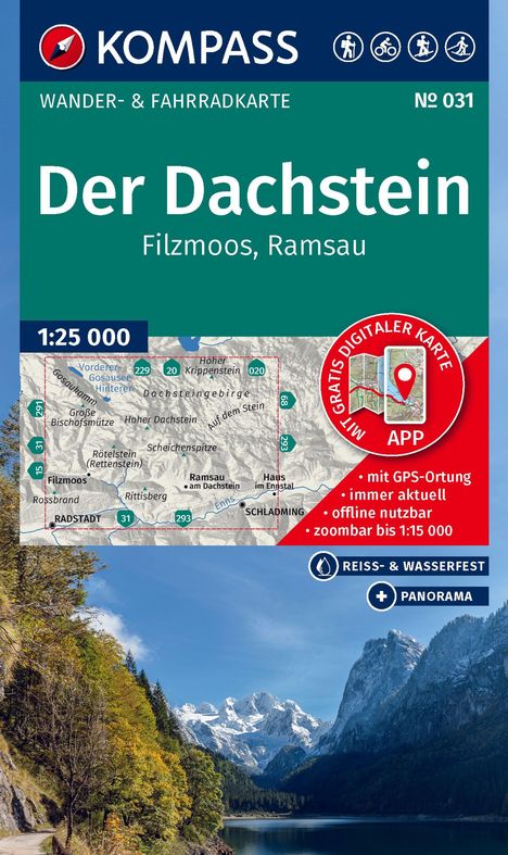 "Der Dachstein" Wanderkarte für Filzmoos, Ramsau, mit gratis digitaler Karte. Foto von Bergen und See.