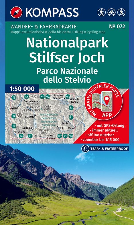 "Nationalpark Stilfser Joch, Parco Nazionale dello Stelvio", Wanderkarte. Zeigt Gebirge und grünes Tal unter klarem Himmel.