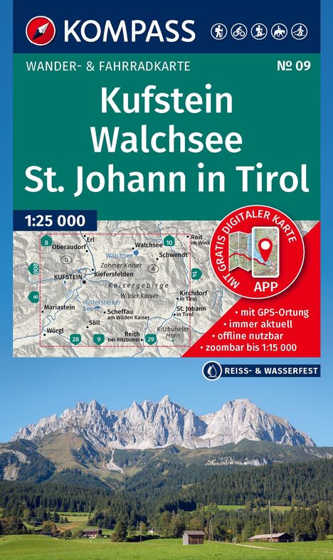 Kufstein, Walchsee, St. Johann in Tirol; Wander- & Fahrradkarte; Kaisergebirge; Foto: Berglandschaft mit Wiesen und Wald.