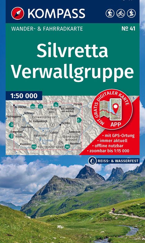 „Silvretta Verwallgruppe“, Wander- & Fahrradkarte, Maßstab 1:50 000. Berglandschaft mit Radfahrer im Vordergrund.