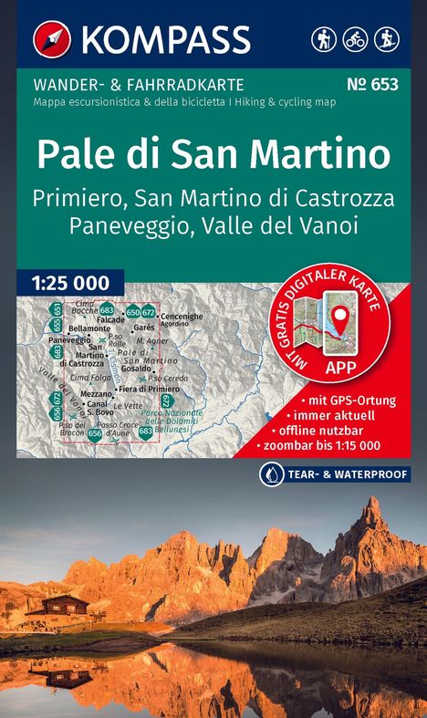 "WANDER- & FAHRRADKARTE Pale di San Martino. Gratis digitale Karte APP. Foto: Berge im Sonnenlicht, reflektiert im Wasser."