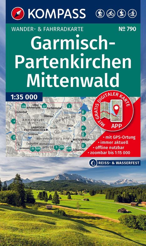 „Garmisch-Partenkirchen Mittenwald“. Wander- & Fahrradkarte, Maßstab 1:35 000. Malerische Alpenlandschaft.