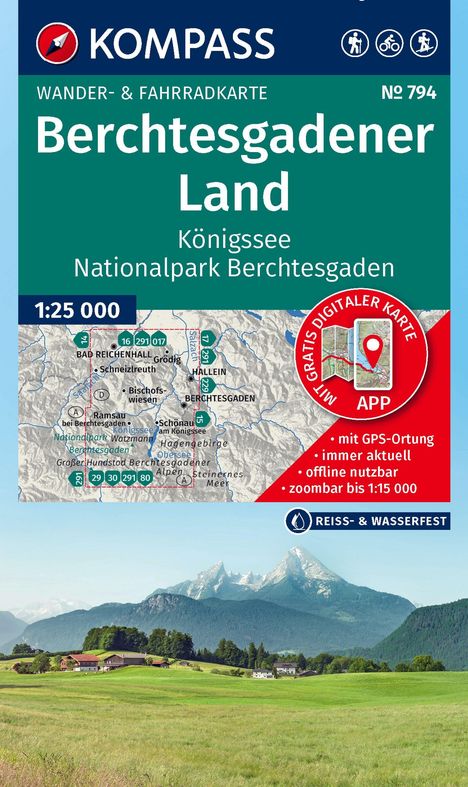 "Wander- & Fahrradkarte Berchtesgadener Land, Königssee, Nationalpark; Karte 1:25 000; GPS-Ortung. Landschaft mit Bergen."