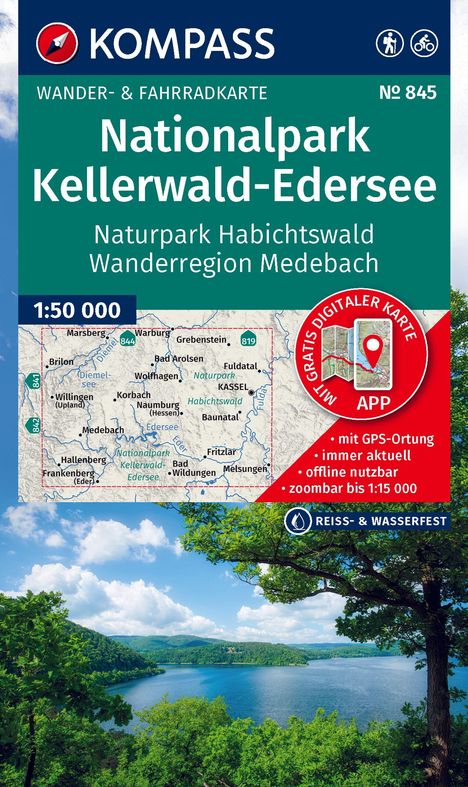 "Nationalpark Kellerwald-Edersee", Wanderkarte mit Karte, Hinweis auf digitale APP und Landschaft mit See und Wald.