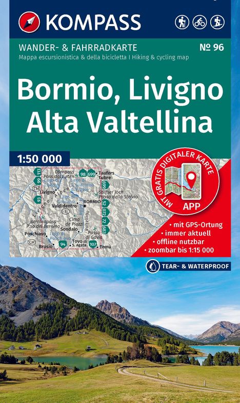 "Bormio, Livigno, Alta Valtellina" in großen weißen Buchstaben, darunter Landschaftsfoto: Berge und See in freundlichem Licht.