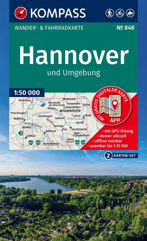 „KOMPASS“, „Hannover und Umgebung“, „1:50 000“. Landkarte von Hannover, Luftaufnahme einer grünen Landschaft.