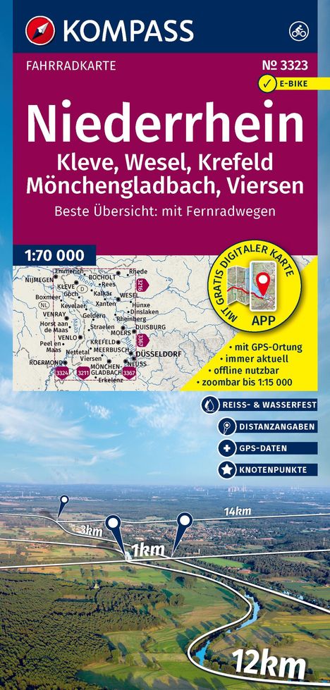 Titel: Niederrhein Fahrradkarte. Städte: Kleve, Wesel, Krefeld. Gelbe Hervorhebung: E-Bike. Unten: Landschaft mit Entfernungen.