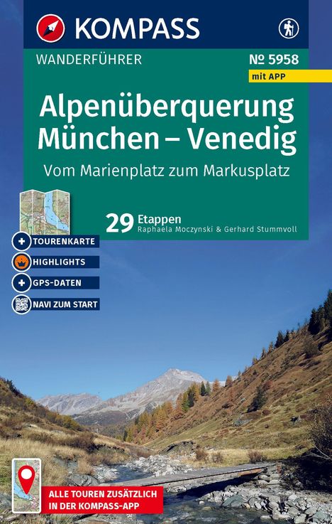 Alpenüberquerung München - Venedig, 29 Etappen, mit App, Kompass Wanderführer, Landschaft mit Berg und Tal.