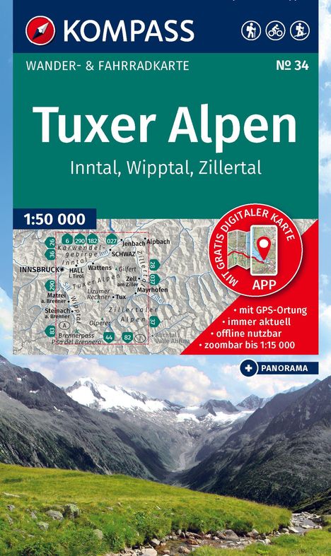 "KOMPASS Wander- & Fahrradkarte Nr 34: Tuxer Alpen, Inntal, Wipptal, Zillertal. Maßstab 1:50 000. Berglandschaft."