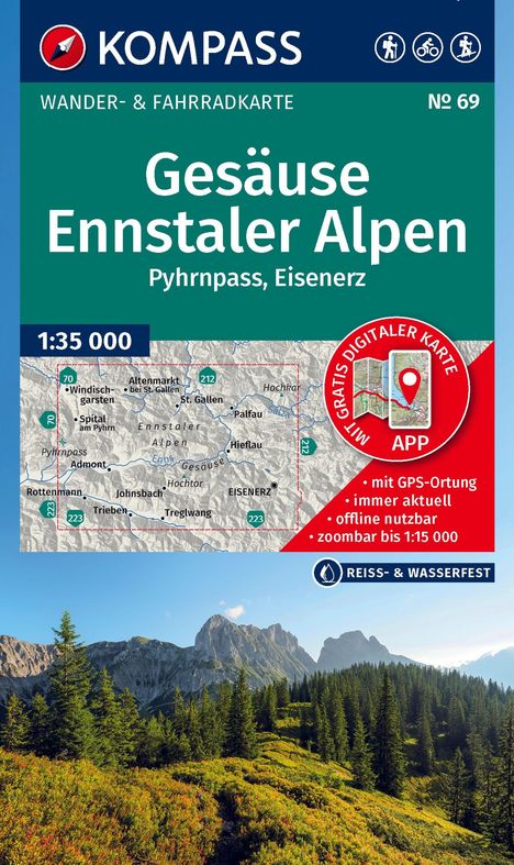 Titel: "Gesäuse Ennstaler Alpen - Pyhrnpass, Eisenerz." Wander- & Fahrradkarte, Maßstab 1:35 000. Logo oben links.