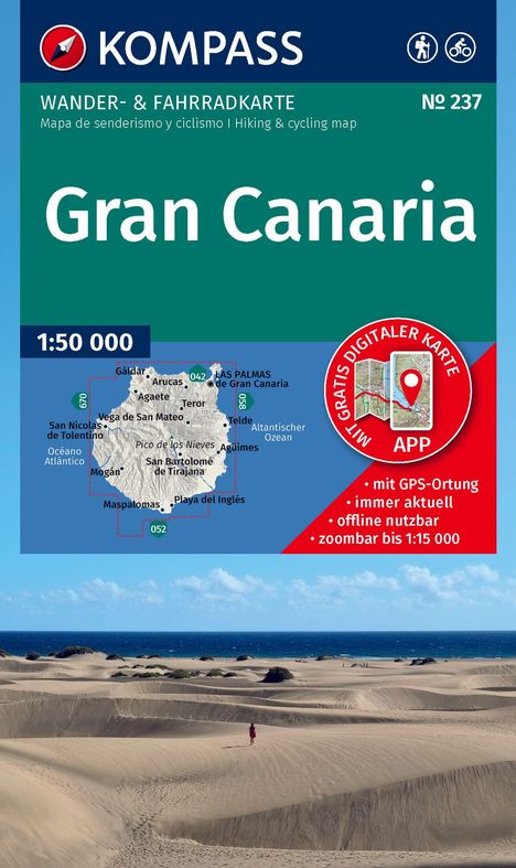„Gran Canaria Wander- & Fahrradkarte, Kartennummer 237“; zeigt Karte und Sanddünen mit Meer im Hintergrund.