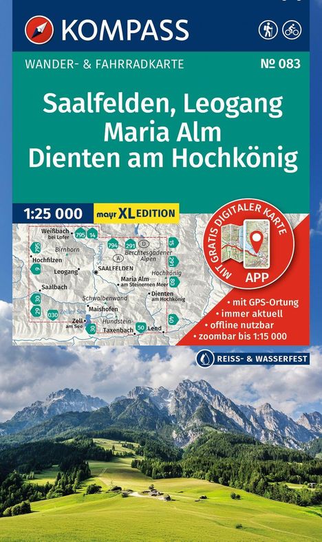 Wander- & Fahrradkarte Kompass Nr. 083, Saalfelden bis Dienten am Hochkönig, mit Karte und Berglandschaftsbild.