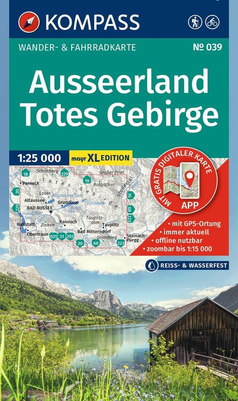 "Ausseerland Totes Gebirge", Wanderkarte. Landschaft mit See, Bergen, Hütte. "Kompass" Logo, rote Kompassnadel.