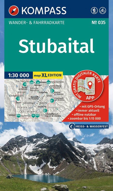 Stubaital Wander- & Fahrradkarte Nr. 035. Maßstab 1:30 000. Reiß- & wasserfest. Berglandschaft mit See.