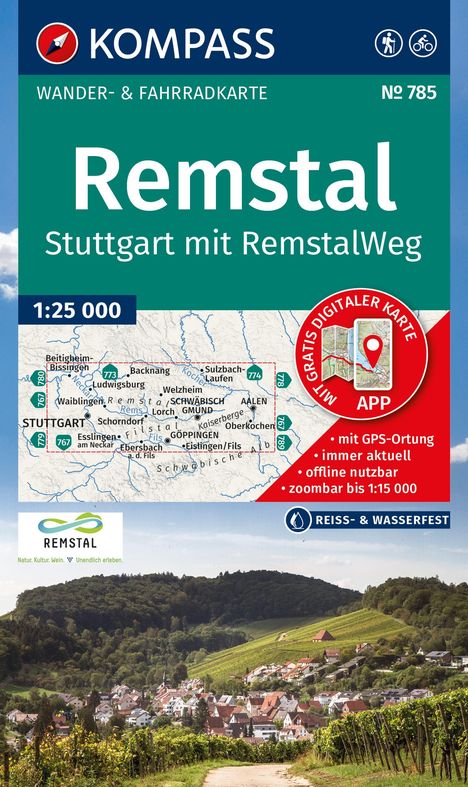 KOMPASS Wanderkarte 785 Remstal, Stuttgart, mit RemstalWeg 1:50.000, Karten