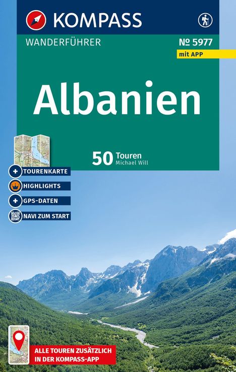 "Wanderführer Albanien mit 50 Touren von Michael Will. Kompass-Logo, Gebirgslandschaft im Hintergrund."