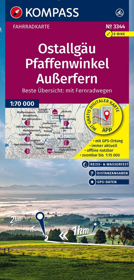 "Ostallgäu Pfaffenwinkel Außerfern" - Fahrradkarte. Enthält Karte mit Orten und Infos zu GPS, E-Bike, und digitaler Karte-App.