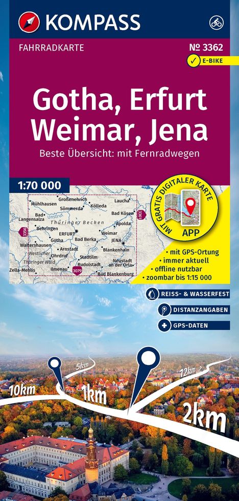 "KOMPASS FAHRRADKARTE: Gotha, Erfurt, Weimar, Jena. Karte und Landschaftsansicht mit Kilometerangaben."