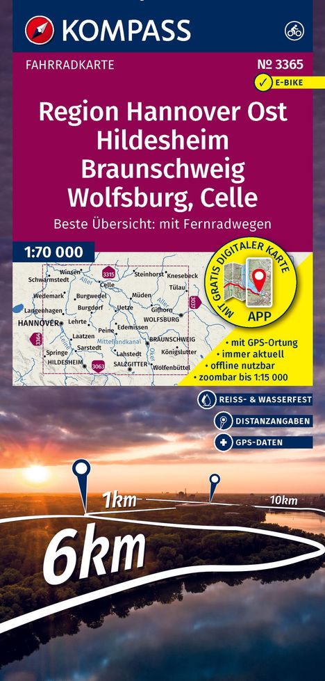 Logo und Text: Region Hannover Ost, Hildesheim, Braunschweig, Wolfsburg, Celle. Untergehende Sonne über Landschaft.