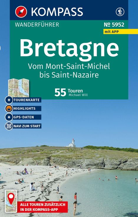 Bretagne Wanderführer mit 55 Touren, von Mont-Saint-Michel bis Saint-Nazaire. KOMPASS-Logo. Strand, Menschen im Vordergrund.