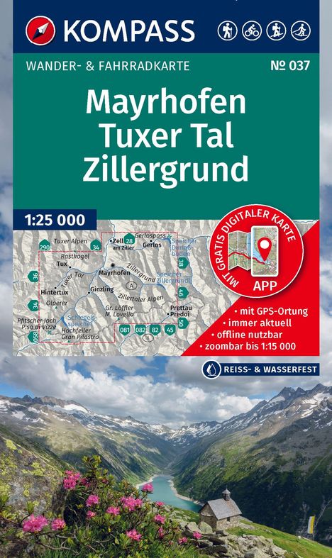 "Mayrhofen Tuxer Tal Zillergrund" auf einer Wanderkarte, darunter Alpenpanorama mit Bergen und Blumen, Kompass-Logo oben links.