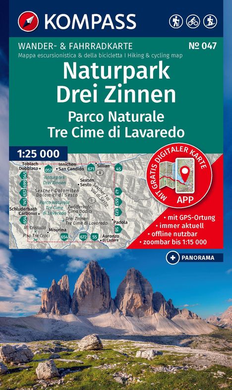 „Naturpark Drei Zinnen“ und „Parco Naturale Tre Cime di Lavaredo“ über einem Bergpanorama mit drei markanten Gipfeln.
