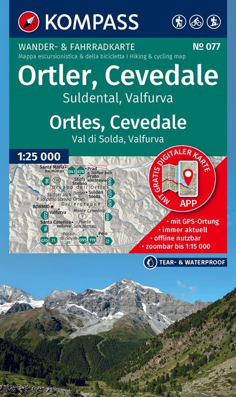 Ortler, Cevedale Wander- & Fahrradkarte. Gratis digitale Karte mit GPS-Ortung. Tear & waterproof. Berglandschaft abgebildet.