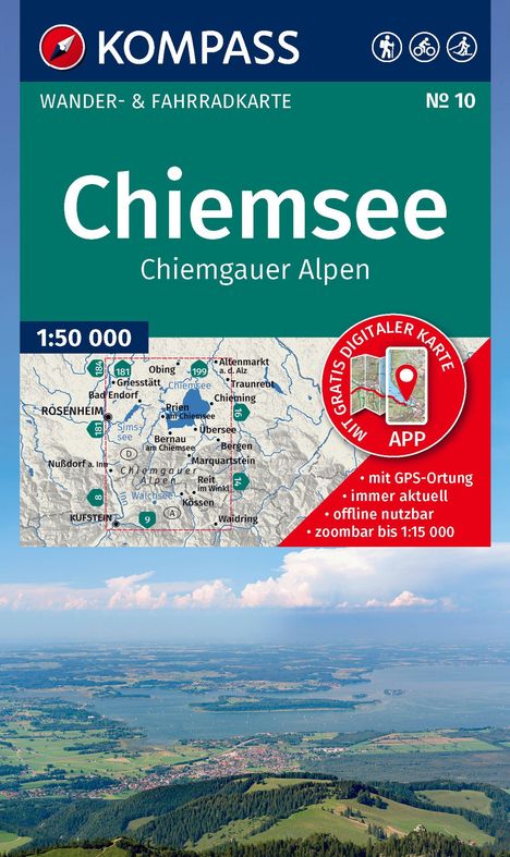 "Chiemsee Chiemgauer Alpen", Wander- & Fahrradkarte, GPS-Ortung. Eine Karte und ein Panorama des Chiemsees.