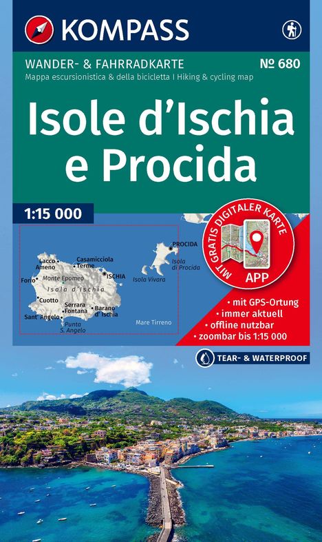 „Isole d’Ischia e Procida“, Wander- und Fahrradkarte, 1:15.000, mit Küstenansicht und Inselkarte.