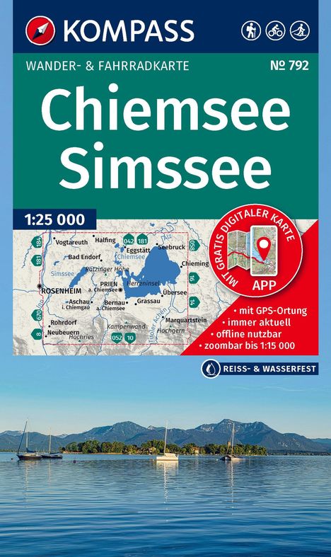 KOMPASS Chiemsee Simsee Wander- & Fahrradkarte. Details: 1:25 000, GPS-Ortung, offline nutzbar. Bild: Boote vor Bergen.