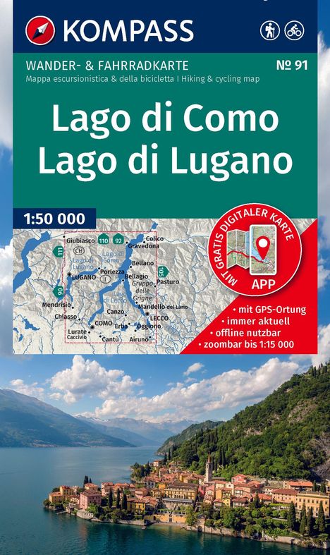 "Lago di Como, Lago di Lugano. Wander- & Fahrradkarte. Gratis digitale Karte App. GPS-Ortung. Malerische Seelandschaft."