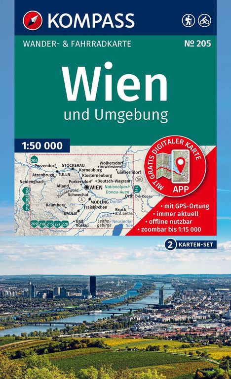 „Wien und Umgebung“ steht groß auf einer Wander- und Fahrradkarte. Darunter ein Stadtbild mit Fluss.