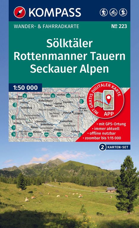 „Sölktäler Rottenmanner Tauern Seckauer Alpen“, Wander- und Fahrradkarte, Maßstab 1:50 000. Berglandschaft.